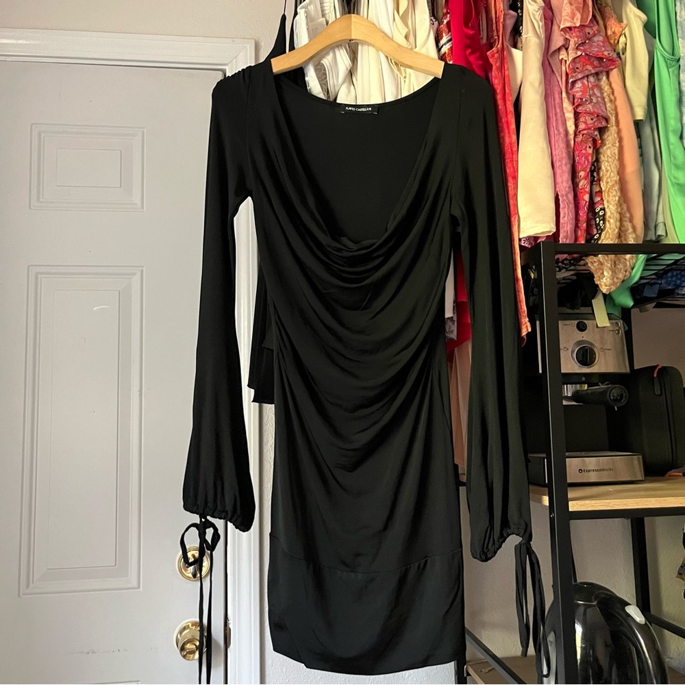 FLAVIO CASTELLANI black knit draped cowl long‎ bell sleeve mini dress